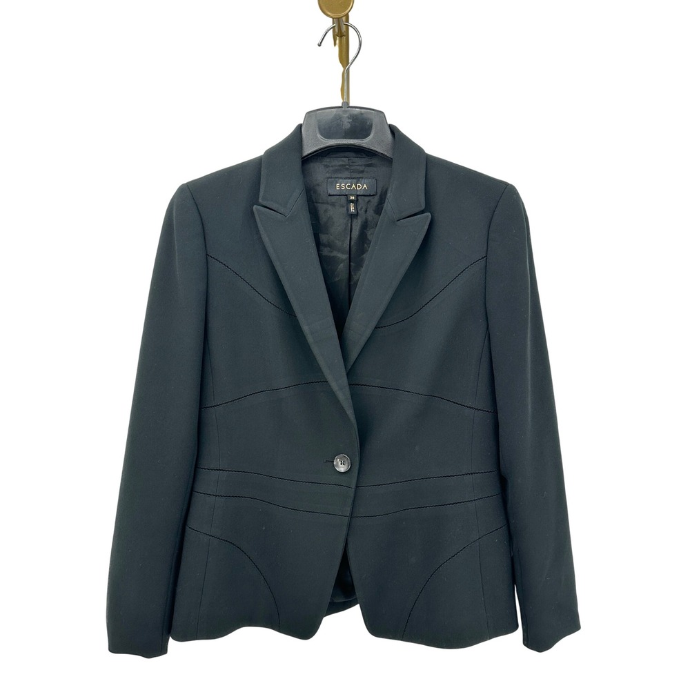 90s Escada Black Stretch Blazer Triacetate Tailored Jacket Sculpted Panel EU 38